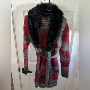 Ralph Lauren Southwestern Faux Fur Cardigan Sweater with Belt Women's M